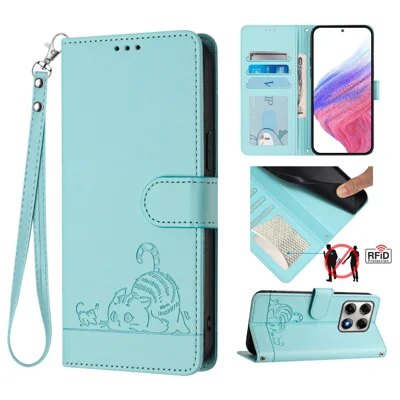  For Motorola Edge 70 Pro 5G Case with Strap RFID Blocking Leather Wallet Phone Cover Cat Mouse Pattern - Mint Green