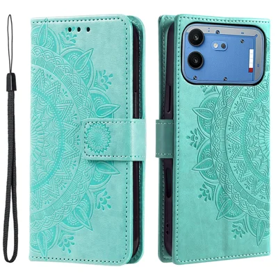 For Nothing Phone (4b) Stand Case Imprinted Totem PU Leather Wallet Phone Cover with Wrist Strap - Mint Green