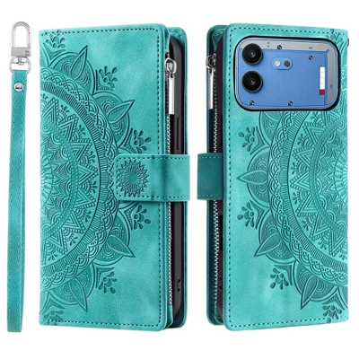For Nothing Phone (4b) Wallet Case Mandala Flower Pattern PU Leather Phone Cover with Wrist Strap - Mint Green