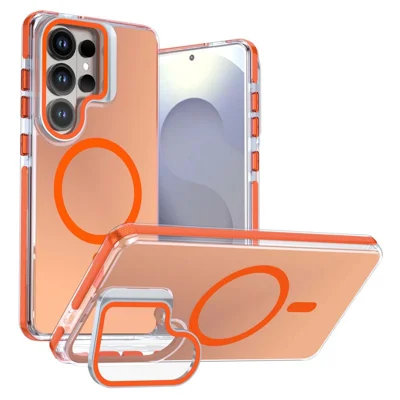 For Samsung Galaxy S24 Ultra Magnetic Case Camera Frame Kickstand TPU Acrylic Shockproof Phone Cover - Orange