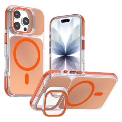 For iPhone 16 Pro Max Magnetic Case Camera Frame Kickstand TPU Acrylic Shockproof Phone Cover - Orange