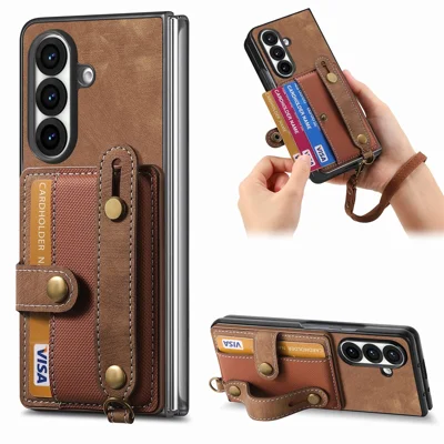 For Samsung Galaxy Z Fold8 Ultra Case Card Holder Wristband Leather + PC Phone Cover with Hand Strap - Brown