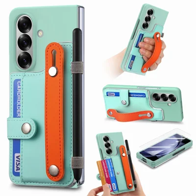 For Samsung Galaxy Z Fold8 Ultra Case Wristband Kickstand Card Holder Leather + PC Phone Cover with Screen Film - Light Green
