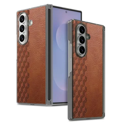 For Samsung Galaxy Z Fold8 Ultra Case Dual Hinge Protection Rhombus Pattern Leather + PC Anti-Scratch Phone Cover - Brown