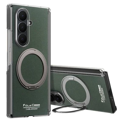 For Samsung Galaxy Z Fold8 Ultra Magnetic Case Litchi Texture Leather Phone Cover with 360 Rotating Ring Kickstand - Blackish Green