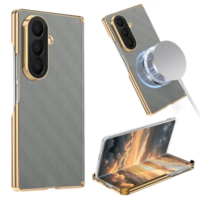 For Samsung Galaxy Z Fold8 Ultra Magnetic Case Dual-Axis Hinge Protection Grid Pattern Leather + PC Phone Back Cover - Grey