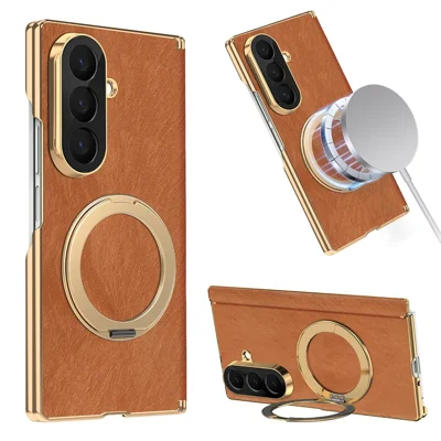 For Samsung Galaxy Z Fold8 Ultra Case Magnetic Kickstand Dual-Axis Hinge Protection Velvet Texture Leather + PC Phone Cover - Brown