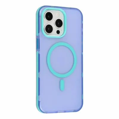 For iPhone 15 Pro Max Magnetic Case PC + TPU Dual-Layer Shockproof Anti-Slip Phone Cover with Metal Buttons - Blue Purple
