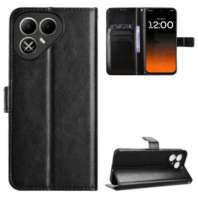  For TECNO Pova 8 5G PU Leather Case with Strap Crazy Horse Texture Phone Wallet Cover - Black