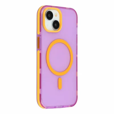 For iPhone 14 / 13 Magnetic Case PC + TPU Dual-Layer Shockproof Anti-Slip Phone Cover with Metal Buttons -  Purple
