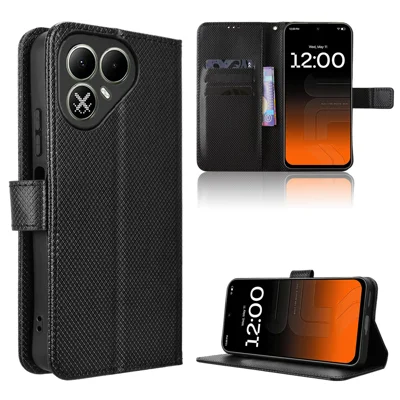  For TECNO Pova 8 5G Leather Wallet Case with Strap Diamond Texture Phone Cover - Black