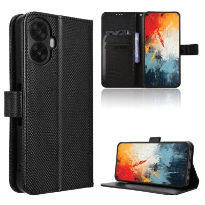  For TCL K70 Nxtpaper 5G Leather Wallet Case with Strap Diamond Texture Phone Cover - Black