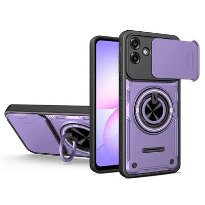 For Samsung Galaxy A07 4G Magnetic Case Sliding Camera Cover TPU+PC Phone Cover with Rotating Kickstand - Purple