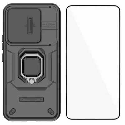  WANLONFENG for Xiaomi Redmi Turbo 5 Max 5G / Xiaomi Poco X8 Pro Max 5G ZDX Series Case PC TPU Kickstand Phone Back Case with Lens Cover + Tempered Glass - Black