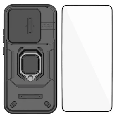  WANLONFENG for Xiaomi Poco X8 Pro 5G / Xiaomi Redmi Turbo 5 5G ZDX Series Case PC TPU Kickstand Phone Back Case with Lens Cover + Tempered Glass - Black