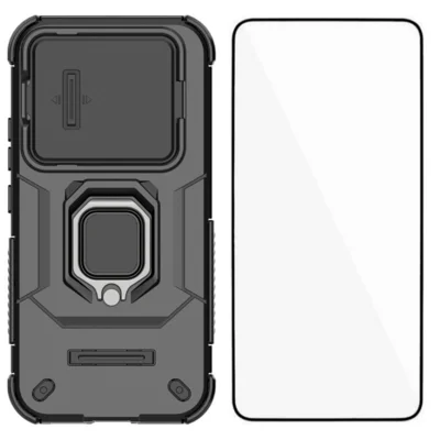 WANLONFENG لسلسلة Xiaomi 17T Pro ZDX غطاء هاتف من مادة البولي كربونات والبولي يوريثان مع حامل قابل للدوران وغطاء عدسة + زجاج مقسّى - أسود