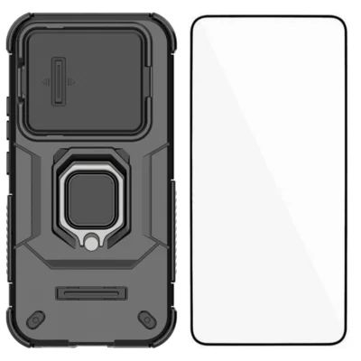 WANLONFENG til Xiaomi 17T ZDX-serie Case PC TPU kickstand telefon bagdæksel med linseholder + temperskærm - Sort