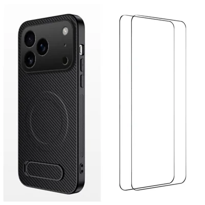  WANLONFENG til iPhone 18 Pro Max QT1-serie magnetisk hylster med 2 stk. tempered glass film, foldudtrækbar stativ, carbonfiberstruktur, PC TPU telefonbeskytning - Sort