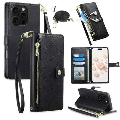 Leren hoesje voor iPhone 16 Pro met hartmotief, ritszak en portemonneebeugel met korte en lange banden - Zwart