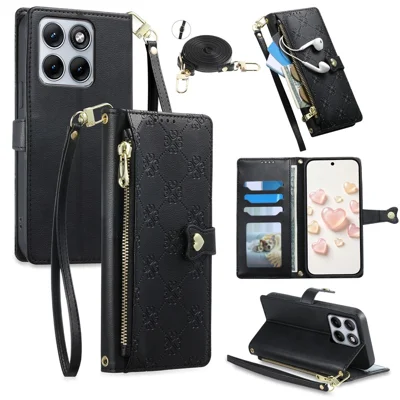 For Motorola Edge 70 Fusion+ 5G  /  Edge 70 Fusion 5G (Global) Leather Case Hearts Imprint Zipper Pocket Wallet Phone Cover with Short and Long Straps - Black
