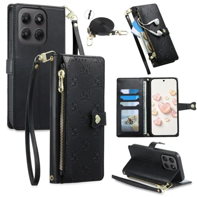 Funda de cuero para Motorola Moto G37 5G / Moto G47 5G con diseño de corazones, bolsillo con cremallera, billetera y correas corta y larga - Negro