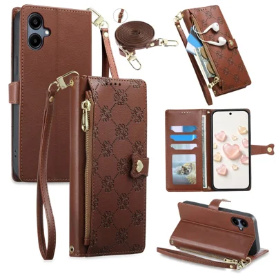 For Samsung Galaxy A07 4G  /  Galaxy A07 5G  /  Galaxy A08 4G  /  Galaxy A08 5G Leather Case Hearts Imprint Zipper Pocket Wallet Phone Cover with Short and Long Straps - Brown