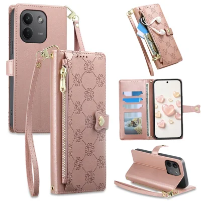 For Xiaomi Redmi Note 17 Pro Max 5G / Note 17 Pro+ 5G Leather Case Hearts Imprint Zipper Pocket Wallet Phone Cover with Short and Long Straps - Pink