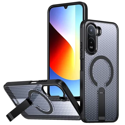 Cover Magnetica con Supporto per Xiaomi Redmi A7 Pro 4G (171,56 mm) / Redmi A7 Pro 5G / Poco C85x 5G / Poco C81 4G / Poco C81 Pro 4G, Custodia Posteriore in TPU PC con Texture a Griglia - Nero
