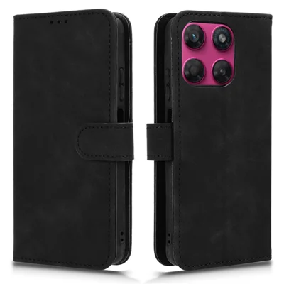 Läderlugg för Motorola Moto G87 5G / Moto G77 5G / Moto G67 5G med skin-touch-känsla, anti-drop, plånbok, ställbar, vikbar hölse - Svart