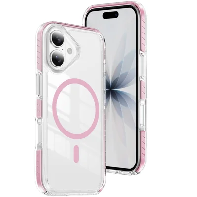 Étui magnétique pour iPhone 16 Plus, coque transparente TPU + acrylique avec amortisseur d'air, antidérapante, avec bandes colorées 3D - Rose