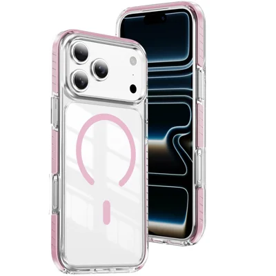 Étui magnétique pour iPhone 17 Pro Max, coque transparente TPU + acrylique avec airbags d'angle antidérapante et bande colorée 3D - Rose