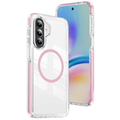 Magnetic Case For Samsung Galaxy A37 5G / A36 5G / A27 5G TPU + Acrylic Airbag Shockproof Anti-Slip Color Strip Phone Cover - White - Pink