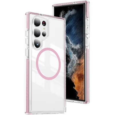 For Samsung Galaxy S23 Ultra Magnetic Case TPU + Acrylic Airbag Shockproof Anti-Slip Color Strip Phone Cover - Pink