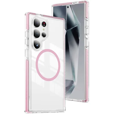 For Samsung Galaxy S24 Ultra Magnetic Case TPU + Acrylic Airbag Shockproof Anti-Slip Color Strip Phone Cover - Pink