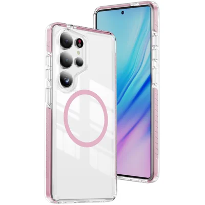 For Samsung Galaxy S25 Ultra Magnetic Case TPU + Acrylic Airbag Shockproof Anti-Slip Color Strip Phone Cover - Pink