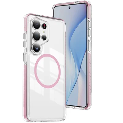 For Samsung Galaxy S26 Ultra Magnetic Case TPU + Acrylic Airbag Shockproof Anti-Slip Color Strip Phone Cover - Pink