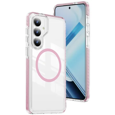 For Samsung Galaxy S26+ Magnetic Case TPU + Acrylic Airbag Shockproof Anti-Slip Color Strip Phone Cover - Pink