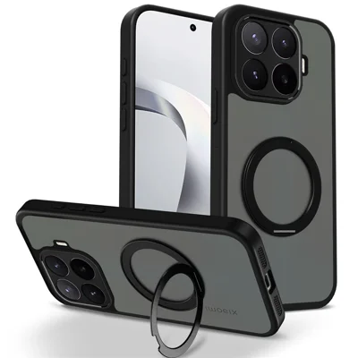 Für Xiaomi 15T Pro Hülle Drehbarer Magnetischer Ständer Mattes Frosted PC + TPU Stoßfestes Handycover - Schwarz