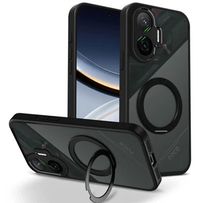 For Xiaomi Redmi Turbo 4 Pro 5G / Poco F7 5G Case Rotating Magnetic Kickstand Frosted Matte PC + TPU Shockproof Phone Cover - Black