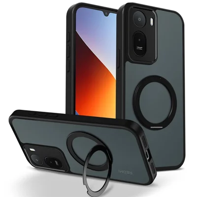 Phone Case For Xiaomi Redmi A7 Pro 4G (171.56mm) / A7 Pro 5G / Poco C85x 5G / C81 4G Rotating Magnetic Kickstand Frosted Matte PC + TPU Shockproof Cover - Black