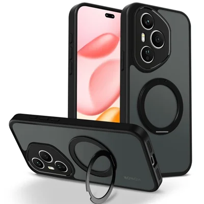 Funda para Honor 400 Pro 5G (Global), carcasa magnética con soporte giratorio, acabado mate translúcido de PC + TPU, resistente a golpes - Negro