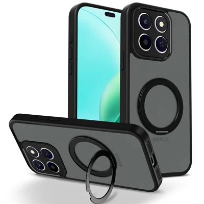 Voor Honor X6c 4G Hoesje Draaibare Magnetische Standbeugel Matte Froste PC + TPU Stootvaste Telefoonhoes - Zwart