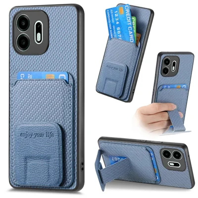 Voor OnePlus N6 4G Hoesje met Kaarthouder Koolstofvezelstructuur Lederen Gecoate TPU Telefoonhoes - Blauw
