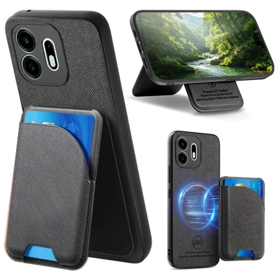Voor OnePlus N6 4G Magnetisch Hoesje met Stoffen Structuur Leder + PC + TPU Telefoonhoes met Uitneembaar Kaarthouder - Zwart
