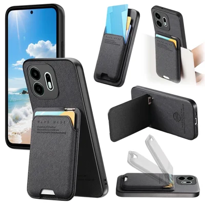 For OnePlus N6 4G Case Cloth Texture Leather + PC + TPU Phone Cover with Card Holder Kickstand - Black