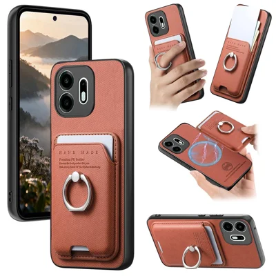 Voor OnePlus N6 4G hoesje met stofstructuur Lederen + PC + TPU telefoonhoesje met afneembare magnetische ringstandaard met kaarthouder - Bruin