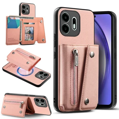 Voor OnePlus N6 4G Magnetische Hoesje Met Sneeuwstofstructuur PU Leer Telefoon Achterkant met Drievoudige Kaarthouder - Roze