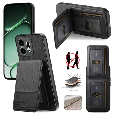 Voor OnePlus N6 4G hoesje met stofstructuur leder + PC + TPU cover met RFID-blokkering kaarthouder - Zwart