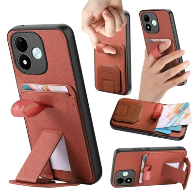 Til Xiaomi Redmi Note 17 4G Taske med Vevet Struktur i TPU, PU Læder og PC Bagdæksel med Kortholder og Stand - Brun