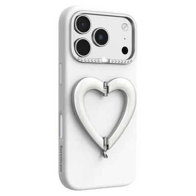 Coque pour iPhone 18 Pro Max avec trépied en forme de cœur, revêtement en silicone liquide et coque rigide en PC - Blanc
